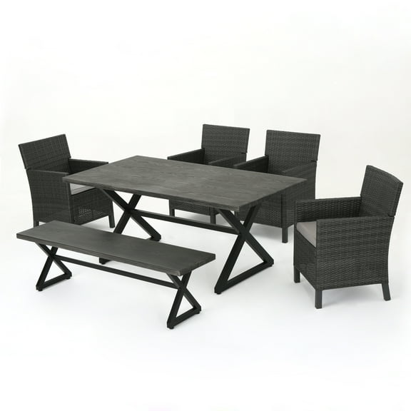 Jash Outdoor 6 Piece Wicker Dining Set with Aluminum Dining Table and Cushions, Grey