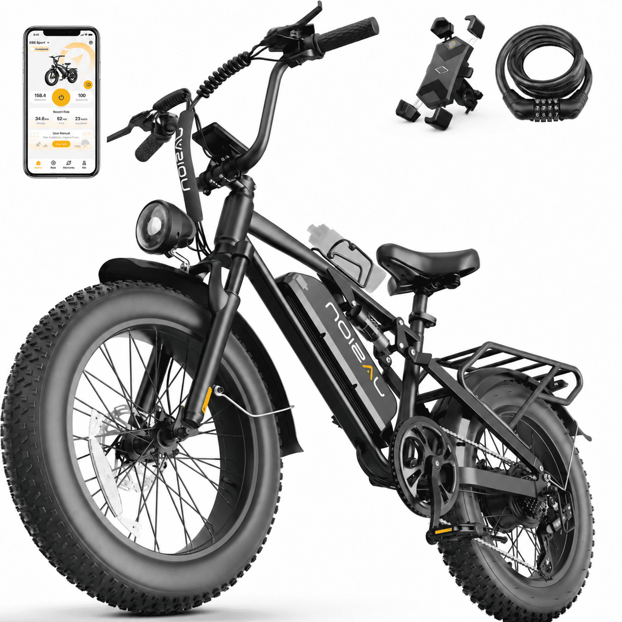 Jasion EB5 Sport 750W Electric Mountain Bike for Adults, 80-Mile 20" Fat Tire Ebike with Rear Rack & Removable Water Bottle Holder, App Controlled, Black