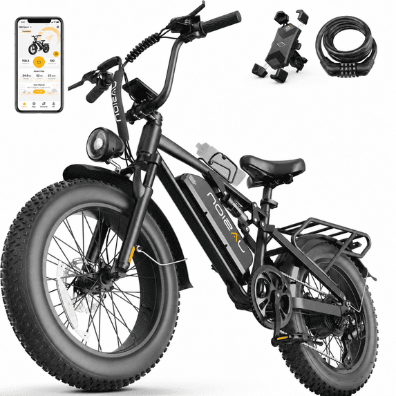 Jasion EB5 Sport 750W Electric Mountain Bike for Adults, 80-Mile 20" Fat Tire Ebike with Rear Rack & Removable Water Bottle Holder, App Controlled, Black
