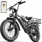 Jasion EB5 Sport 750W Electric Mountain Bike for Adults, 80-Mile 20" Fat Tire Ebike with Rear Rack & Removable Water Bottle Holder, App Controlled, Black
