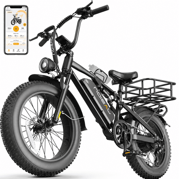 Jasion EB5 Sport 750W Electric Mountain Bike for Adults, 80-Mile 20" Fat Tire Ebike with Rear Rack & Removable Water Bottle Holder, App Controlled, Black