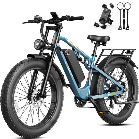 Jasion EB5 Ultra 52V 20Ah Electric Mountain Bike for Adults, 28 MPH, 90-Mile Range, 26"x4" Fat Tire EBike with Dual Suspension and Hydraulic Brakes Ebike, Blue