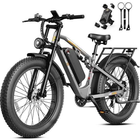 Jasion EB5 Ultra 52V 20Ah Electric Mountain Bike for Adults, 28 MPH, 90-Mile Range, 26"x4" Fat Tire EBike with Dual Suspension and Hydraulic Brakes Ebike, Gray