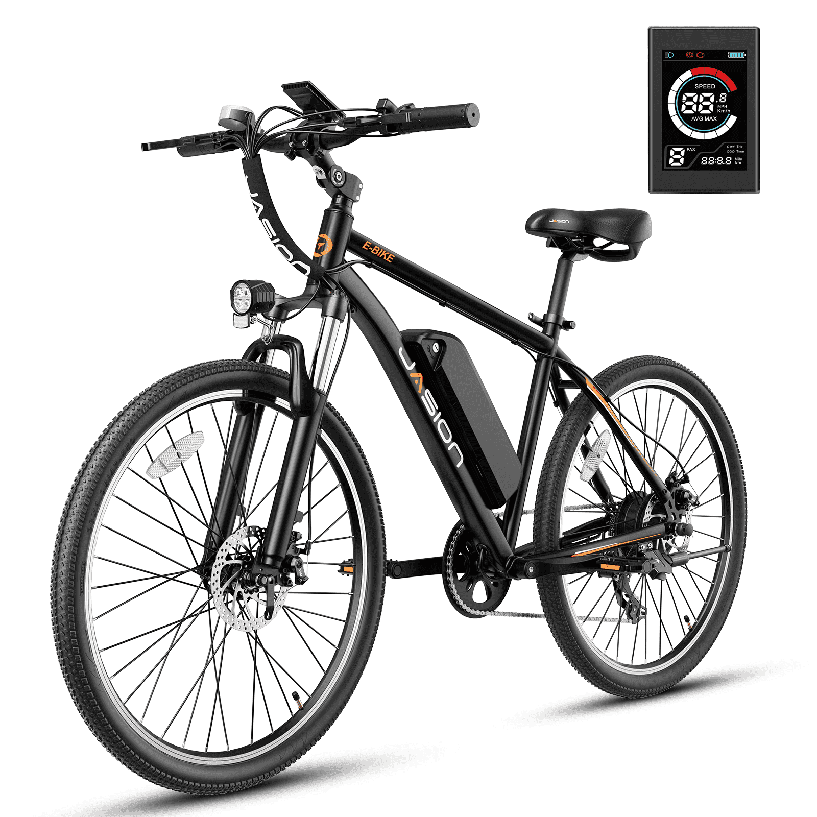 Jasion EB5 26" Electric Mountain Bike, 350W Brushless Motor Ebikes for Adults, 40 Miles Commuting Range, Front Fork Suspension, Shimano 7-Speed, Black