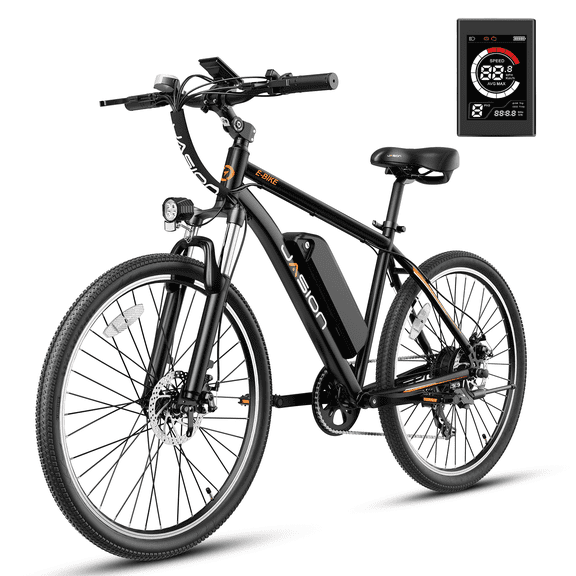 Jasion Electric Mountain Bike for Adults, 26" Tires, 350W Brushless Motor, 40 Miles Commuting Range, Front Fork Suspension, Shimano 7-Speed, EB5 Black
