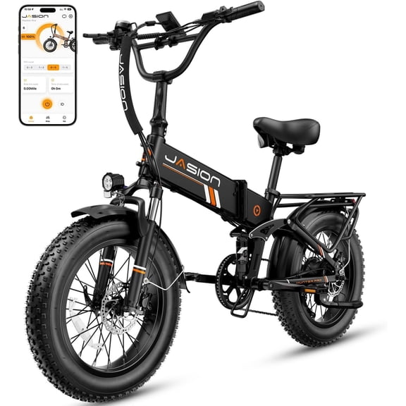 Jasion Hunter Pro Electric Bike for Adults, 750W Rated Folding Ebike with 48V 15AH Removable Battery, 20" x 4.0 Fat Tire Foldable Electric Bicycle, 80 Miles Range, App Control, Black