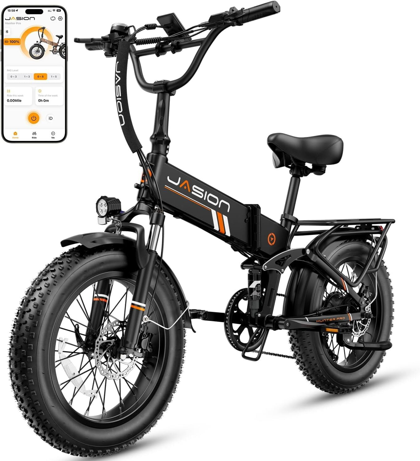 Jasion Hunter Pro Electric Bike for Adults, 1000W Folding Ebike with 48V 15AH Removable Battery, 20" x 4.0 Fat Tire Foldable Electric Bicycle, 80 Miles Range, App Control, UL 2849