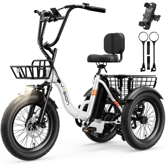 Jasion JT18 Electric Tricycle for Adults Fat Tires, 500W Step-Thru 3 Wheel Electric Bicycle with Front & Rear Baskets, Folding E-Trike Up to 55 Miles, 16 MPH, Class 2, White