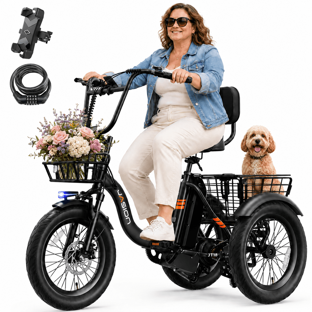 Jasion JT18 Step-Thru Electric Tricycle for Adults, 500W 3 Wheel Electric Bike with Front & Rear Baskets, 48V 13Ah Battery, 55-Mile Range, 18" Fat Tires, White