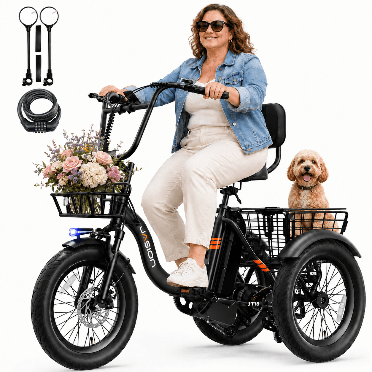 Jasion JT18 Step-Thru Electric Tricycle for Adults, 500W 3 Wheel Electric Bike with Front & Rear Baskets, 48V 13Ah Battery, 55-Mile Range, 18" Fat Tires, White