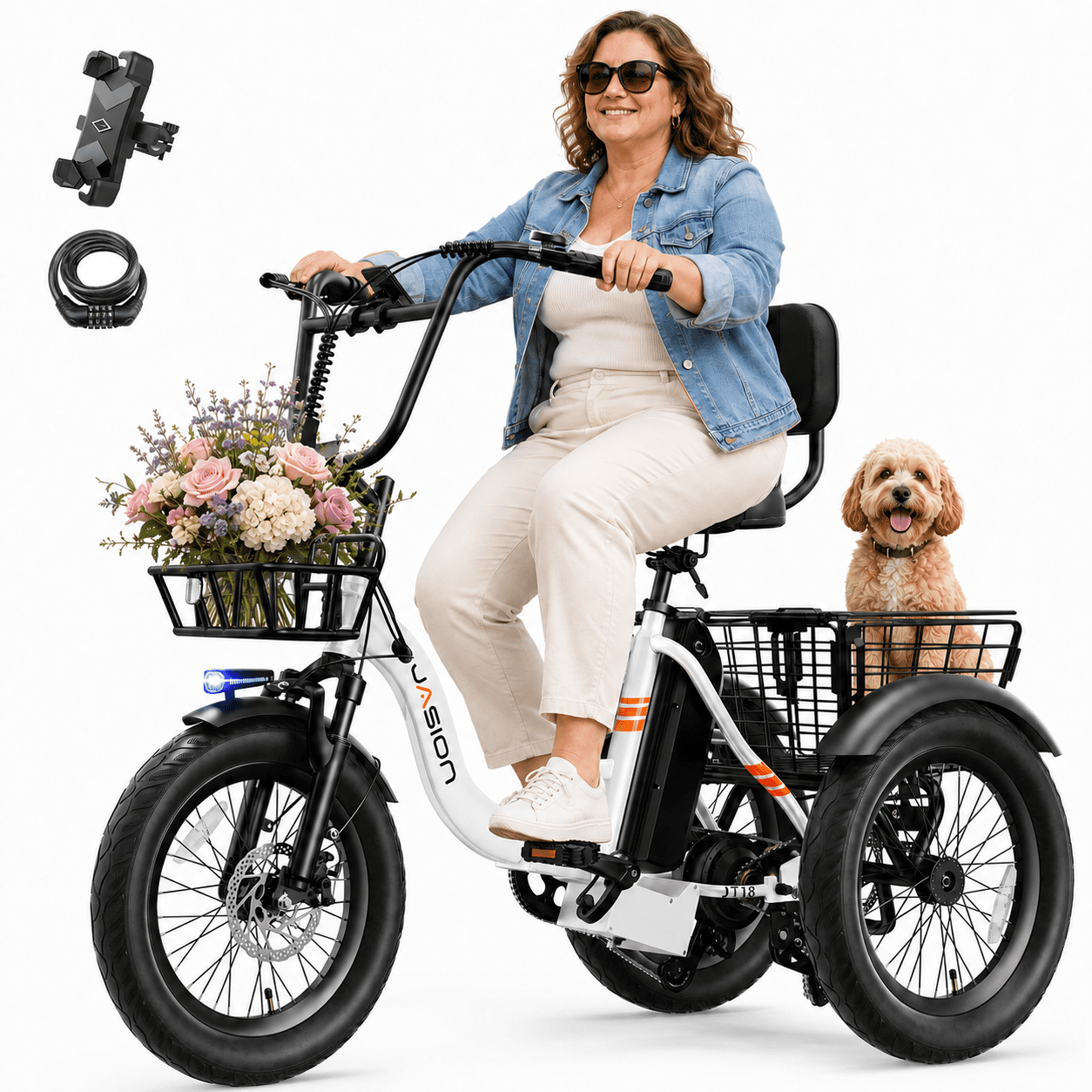 Jasion JT18 Step-Thru Electric Tricycle for Adults, 500W 3 Wheel Electric Bike with Front & Rear Baskets, 48V 13Ah Battery, 55-Mile Range, 18" Fat Tires, White