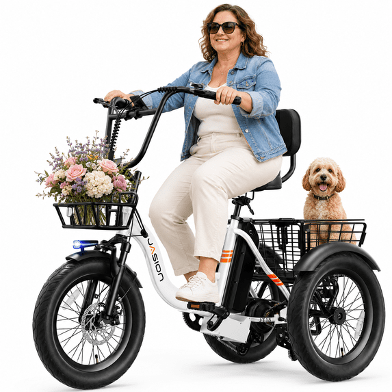 Jasion JT18 Step-Thru Electric Tricycle for Adults, 500W 3 Wheel Electric Bike with Front & Rear Baskets, 48V 13Ah Battery, 55-Mile Range, 18" Fat Tires, White