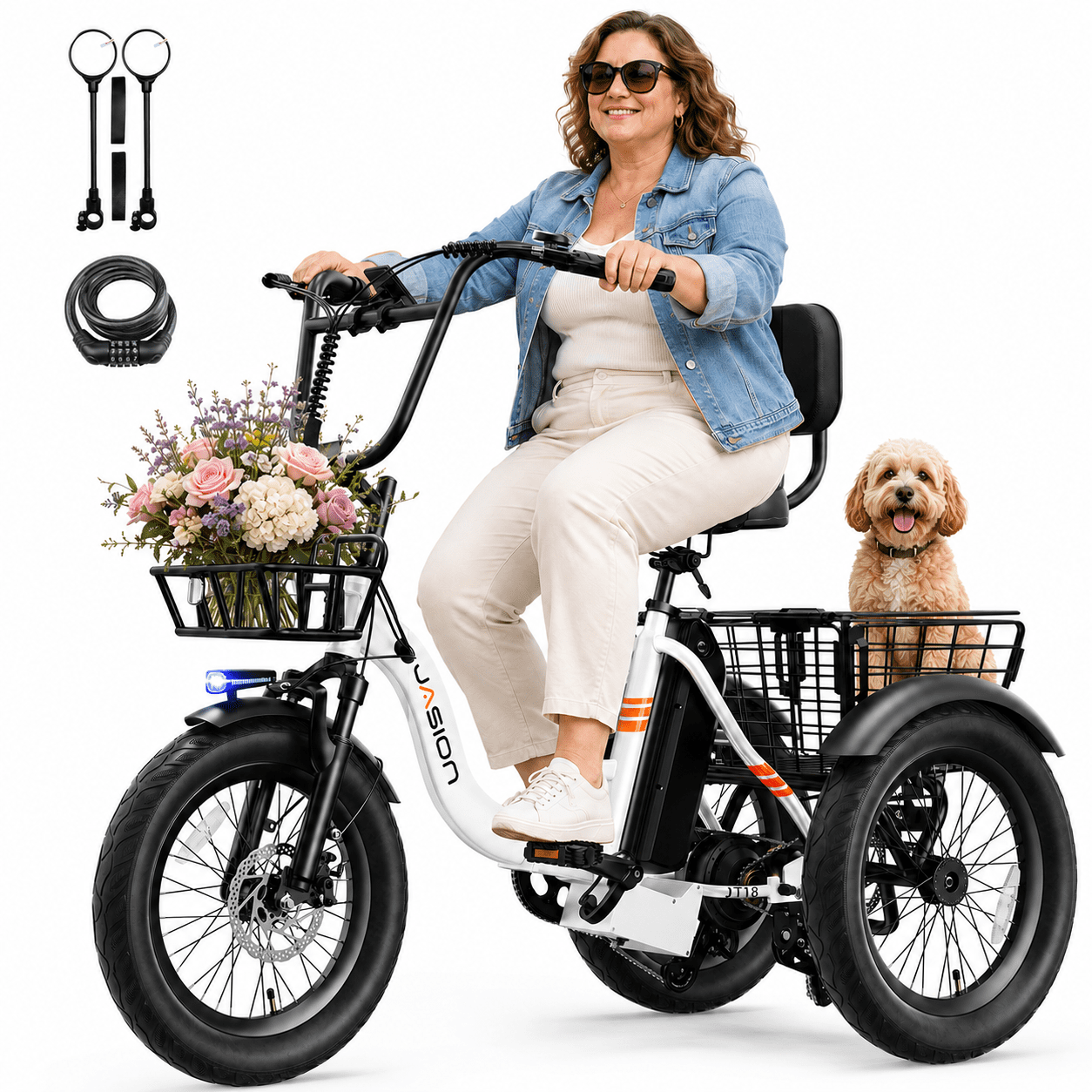 Jasion JT18 Step-Thru Electric Tricycle for Adults, 500W 3 Wheel Electric Bike with Front & Rear Baskets, 48V 13Ah Battery, 55-Mile Range, 18" Fat Tires, White