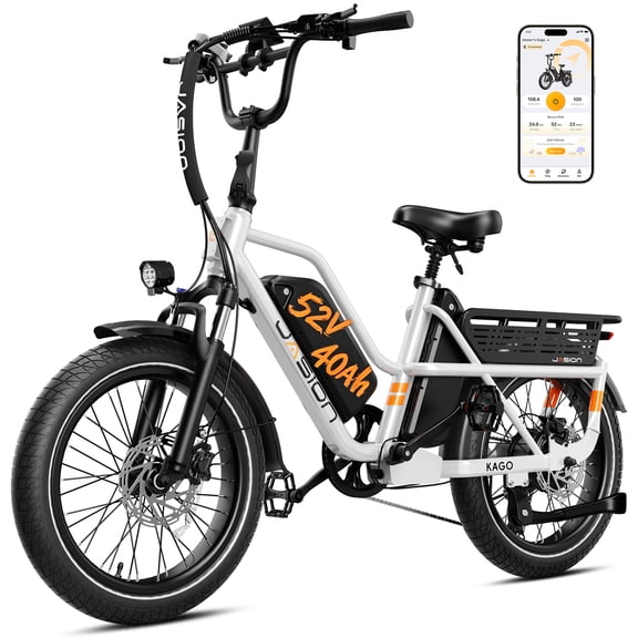 Jasion Kago 120-Mile Electric Bike for Adults with App Connectivity, 52V 40Ah Dual Battery, 28 MPH, 20" Fat Tire Commuter Cargo E-Bike, 350 lb Payload, White