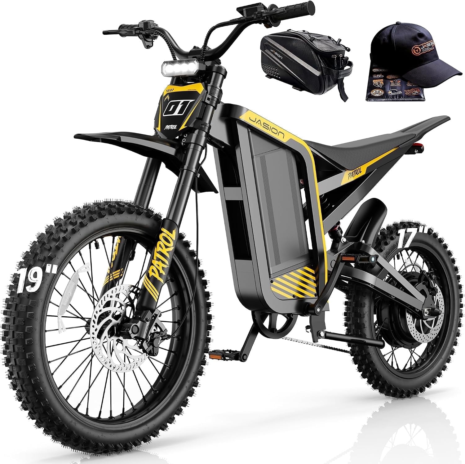 Jasion Patrol 52 Electric Dirt Bike for Adults 19"/17", 4000 Wattage Motorized Dirt Bike with 52V 30AH 1560Wh Battery, Max Speed 40MPH, Age 13+, Off Road Only
