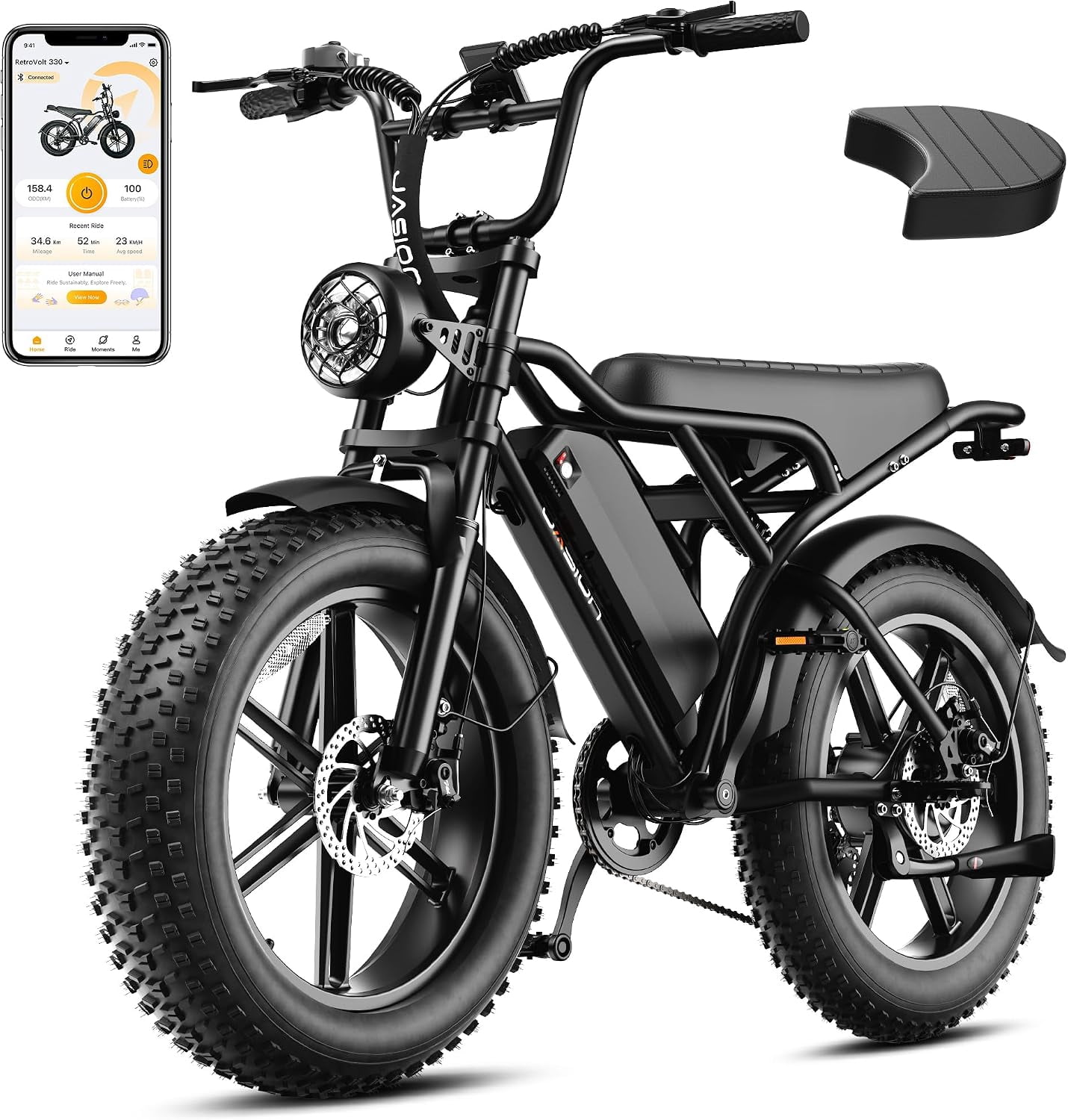 Jasion Retrovolt Electric Bike for Adults, 750W Motor 48V 15AH Removable Battery E Mountain Bicycle Class 2, 20" Fat Tire Ebike with Speedmoter, UL2849