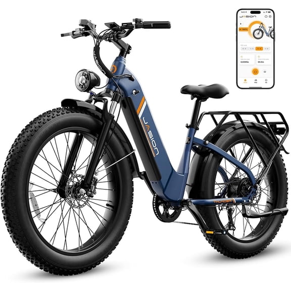 Jasion Thunder Electric Bike for Adults, 750W Rated Motor 48V 18Ah Removable Battery, 80 Miles Longe Range, 26'' x 4'' Fat Tire E-Mountain Bicycle, APP Control, UL2849, Blue