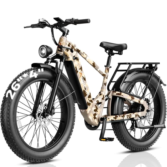 Jasion Thunder Pro Electric Bike for Adults, 750W Rated Motor 52V 20Ah Removable Battery, 26'' x 4'' Fat Tire E-Mountain Bicycle, APP Control Bluetooth, UL2849, Camo