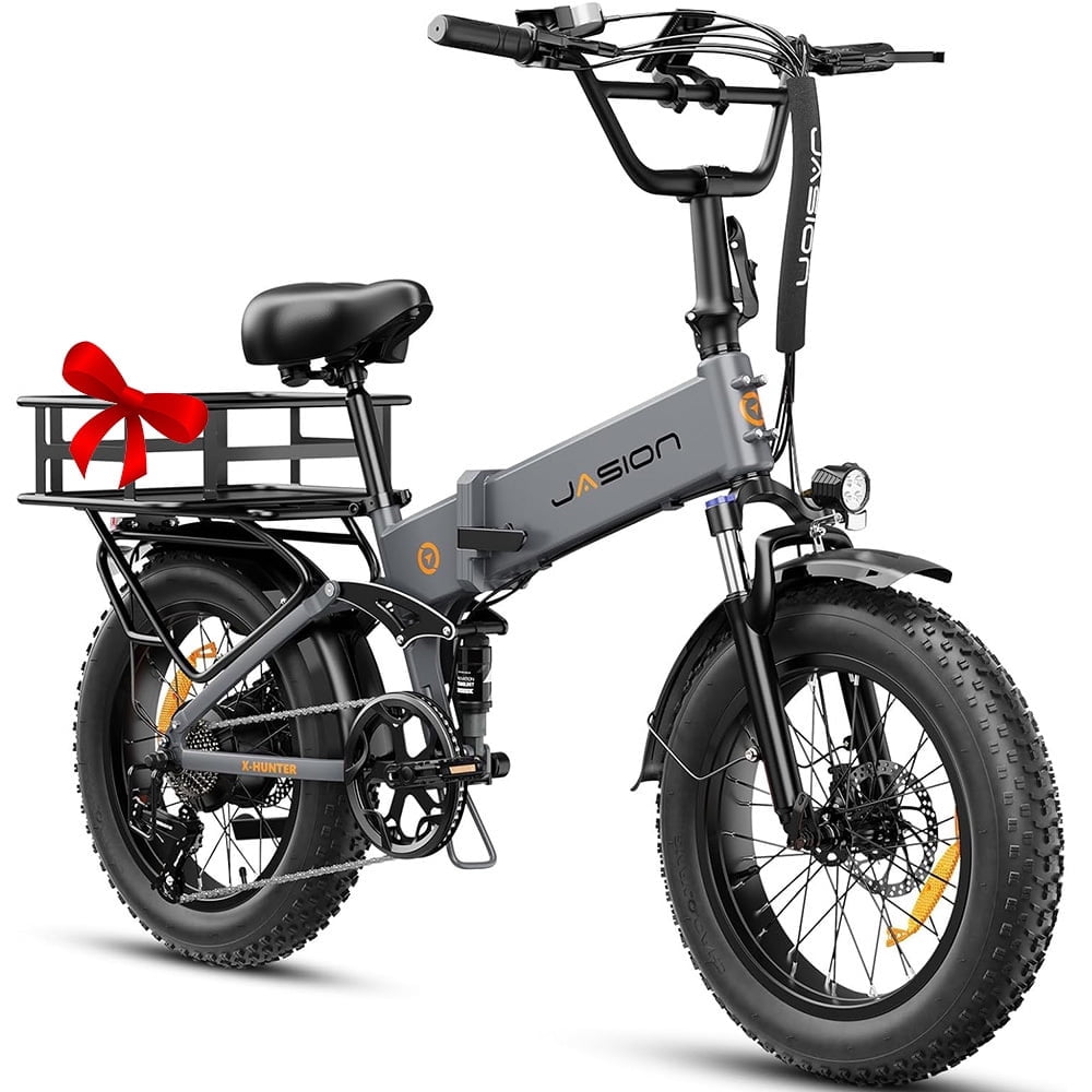 Jasion X-Hunter Electric Bike for Adults, 750W Motor Electric Bicycle with 48V 13AH Removable Battery, 20" x4.0 Fat Tire Folding Ebike, Full Suspension, 7-Speed Bicycles