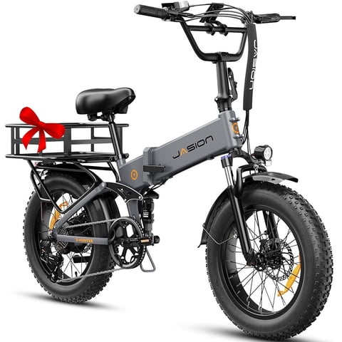 Jasion X-Hunter Electric Bike for Adults with Rear Basket, 750W Motor Electric Bicycle with 48V 13AH Removable Battery, 20" x4.0 Fat Tire Folding Ebike, Full Suspension, 7-Speed Bicycles, Gray