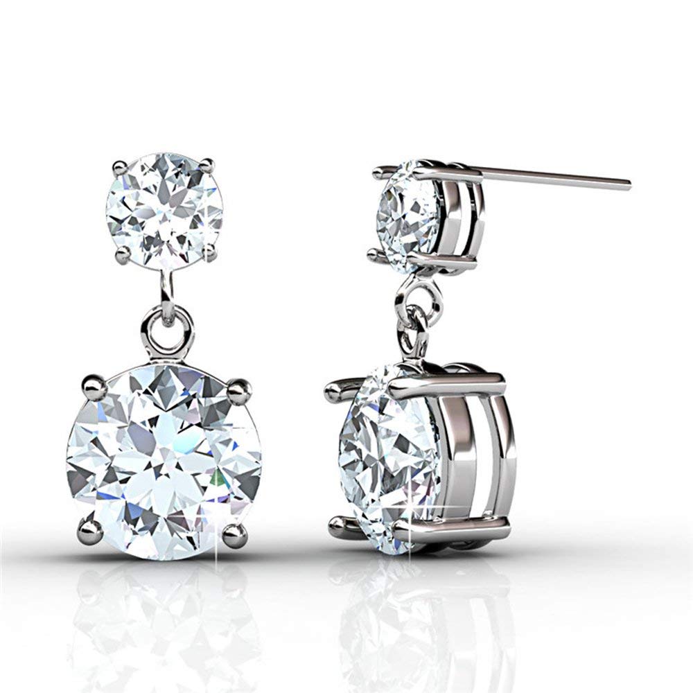 Jasmine 18k White Gold Earrings with Swarovski Crystals, Silver Dangling Sparkle Stud Earrings w/ Solitaire Round Cut Diamond Crystals Earring Studs Set for Women, Wedding Anniversary - image 1 of 7