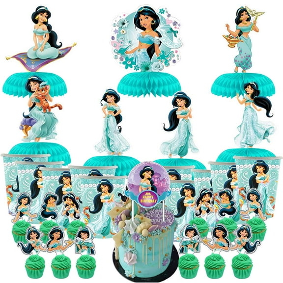 Jasmine Aladdin Princess Party Supplies Decor Cups Fans Decorations Honeycomb Centerpieces Cake Toppers