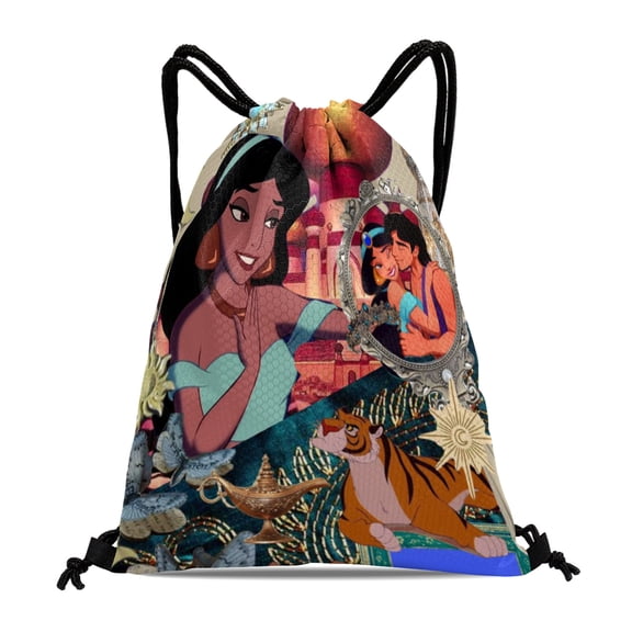 Jasmine Aladdin Princess Waterproof Drawstring Sack:Perfect for fitness, hiking, swimming, travel, beach, and shopping, sized at 15.7*17.7 inches.
