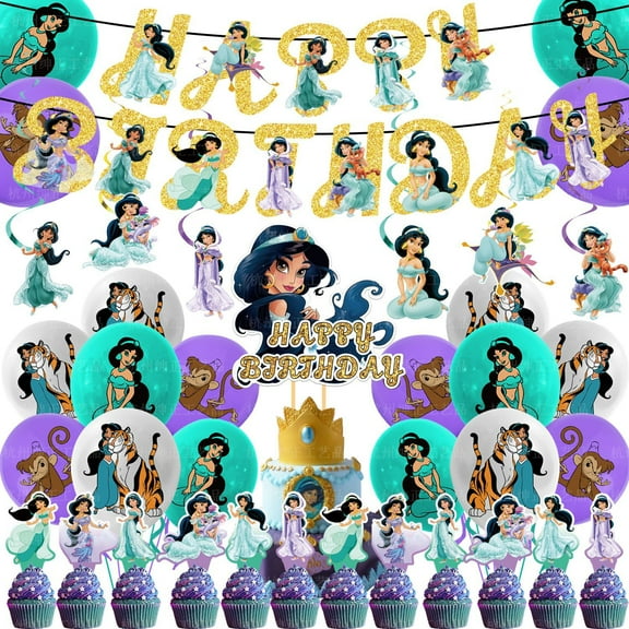 Jasmine Birthday Party Decorations Theme Birthday Party Supplies Include 1pc Happy Birthday Banner, 16pcs Balloons, 12pcs Cake Toppers and 1pc Cupcake Toppers