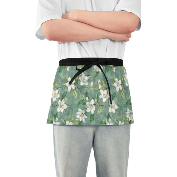 Jasmine Blossoms with Leaves Server Apron with 3 Pockets Waterproof Waitress Waist Short Apron for Man Woman 12 Inches
