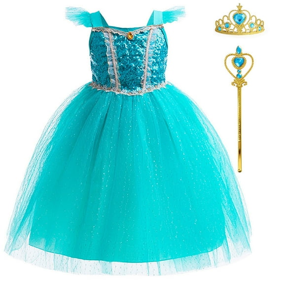 Jasmine Costume for Girls Blue Princess Dress Birthday Cosplay Party Outfit