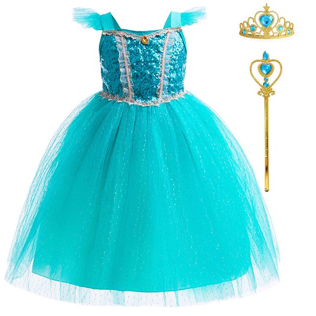 Jasmine Costume for Girls Blue Princess Dress Birthday Cosplay Party ...