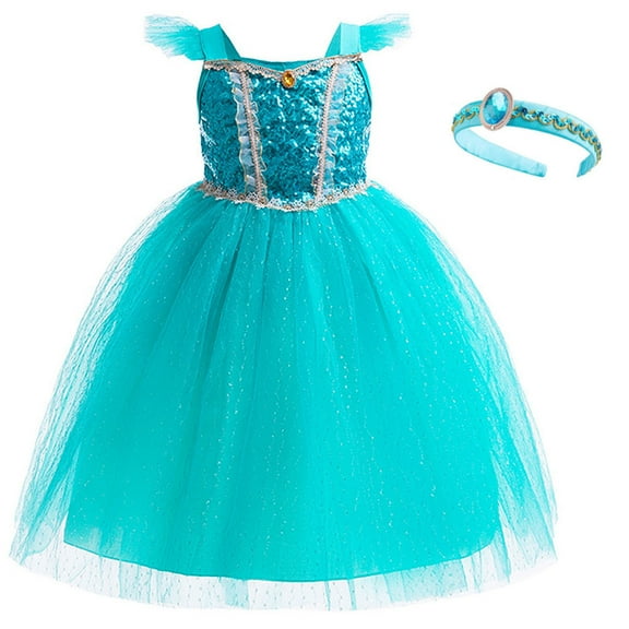 Jasmine Costume for Girls Blue Princess Dress Birthday Cosplay Party Outfit