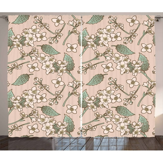 Jasmine Curtains 2 Panels Set, Romantic Tender Petal Pattern in Pastel Colors Nature Awakening Theme, Window Drapes for Living Room Bedroom, 108W X 84L Inches, Mint Green Dried Rose, by Ambesonne