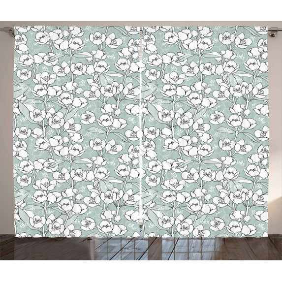 Jasmine Curtains 2 Panels Set, Romantic Vintage Pattern with Blossoming Jasmine Flower Branches Image, Window Drapes for Living Room Bedroom, 108W X 90L Inches, White Blue and Grey, by Ambesonne