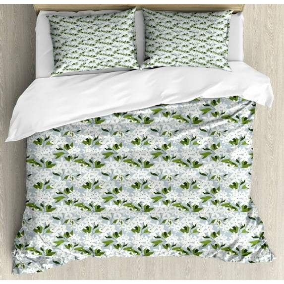 Jasmine Duvet Cover Set, Garden Art Pattern with Flowers Pastel Toned Repetitive Botany, Decorative 3 Piece Bedding Set with 2 Pillow Shams, King Size, Purpleblue Olive Green, by Ambesonne