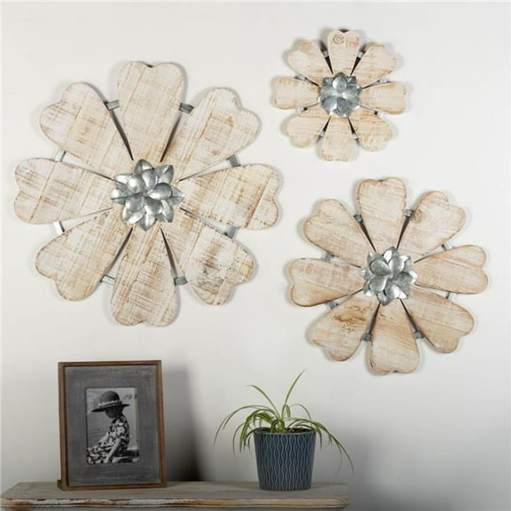 Jasmine Flowers-Wooden Petals with Metal Centres & Frames Wall Decor - Set of 3