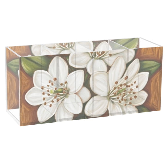 Jasmine Flowers and Leaf Acrylic Pencil Pen Holder Cup 4 Compartments Desktop Organiser 7.87"x2.78"x3.54"