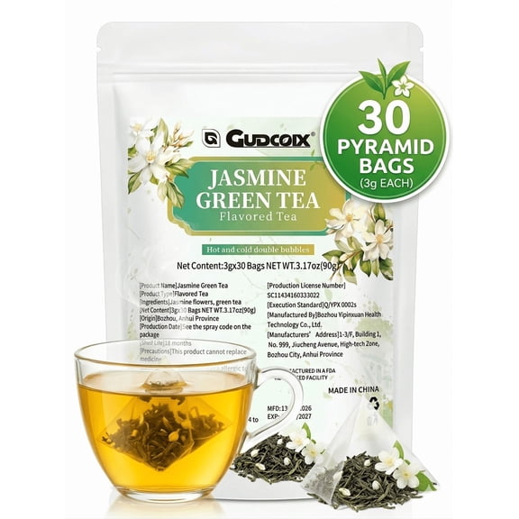 Jasmine Green Tea Bags 30 Count, Natural Jasmine Flower Green Tea, Refreshing Antioxidant Herbal Tea, Hot & Iced Tea, 3g x 30 Bags