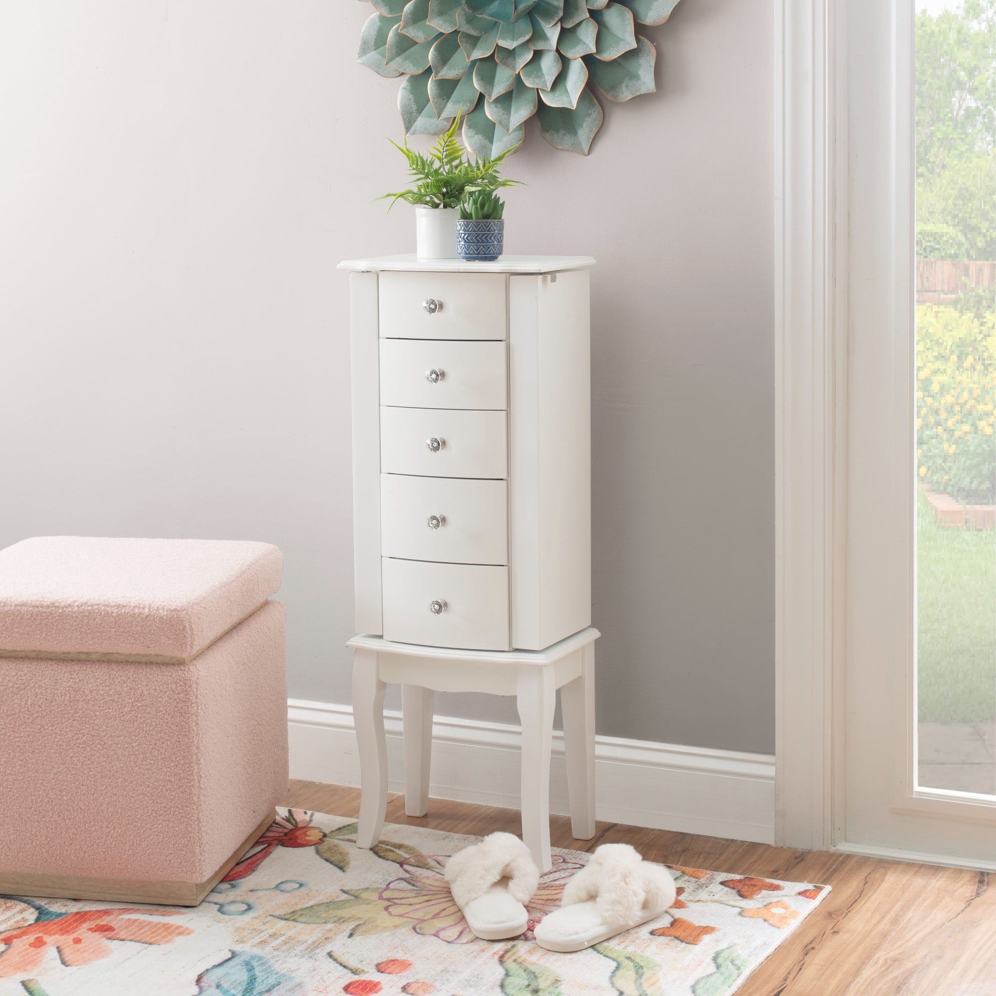 Powell Jasmine White Jewelry Armoire with Crystal Drawer Pulls and