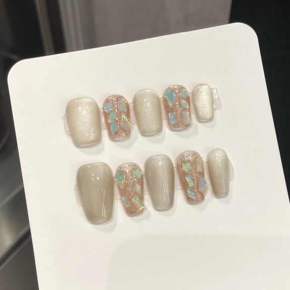 [Jasmine Milk White] Ice Permeable Flash Porcelain White Cat's Eye Gentle and Advanced Pure Handmade Light Therapy Wear Nail Finished Nail Art