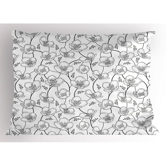 Jasmine Pillow Sham, Outline of Jasmine Flowers on Intertwined Branches Spring Herbs Concept Print, Decorative Standard Queen Size Printed Pillowcase, 30 X 20 Inches, Black White, by Ambesonne