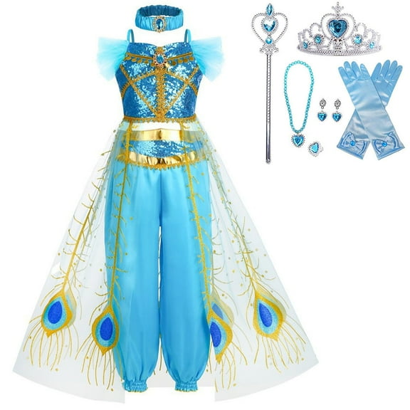 Jasmine Princess Costume Girls Dress Up with Headband Accessories Halloween Cosplay Outfit