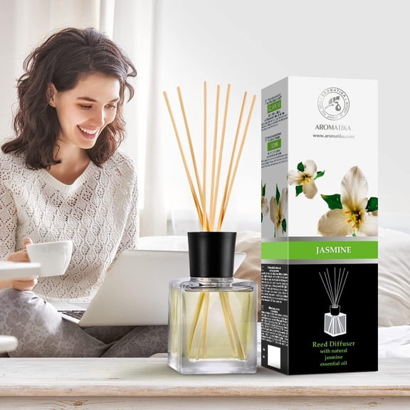 Jasmine Reed Diffuser w/Natural Essential Jasmine Oil 17 Fl Oz - Fresh & Long Lasting Fragrance - Scented Reed Diffuser - Gift Set w/Bamboo Sticks - Best for Aromatherapy - SPA - Home