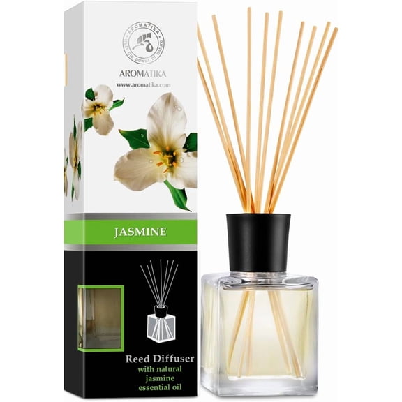 Jasmine Reed Diffuser w/Natural Essential Jasmine Oil 6.8 Fl Oz - Fresh & Long Lasting Fragrance - Scented Reed Diffuser - Gift Set w/Bamboo Sticks - Best for Aromatherapy - SPA - Home
