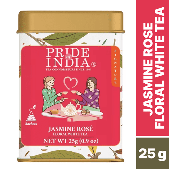 Pride Of India Jasmine Rose Floral White Tea | Net Wt. 0.9 oz – 15 Pyramid Tea Bags | Individually Wrapped Full Leaf White Tea With Rose And Jasmine | Sweet Flavor, Low Caffeine Tea For A Smooth