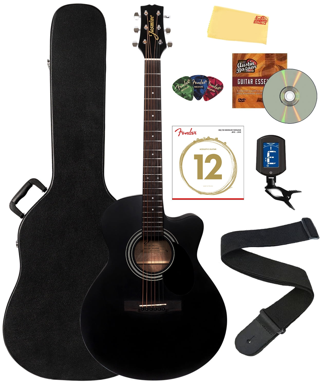 Jasmine S34C NEX Orchestra-Style Cutaway Acoustic Guitar - Black w/ Hard Case