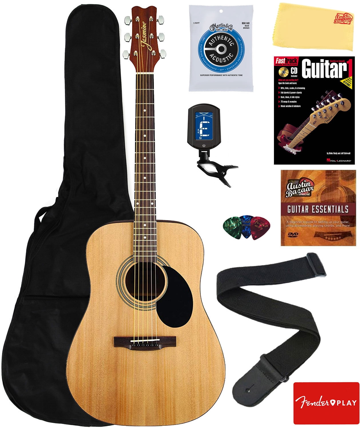 Jasmine S35 Dreadnought Acoustic Guitar Bundle with Gig Bag, Strings, Tuner, Strap, Picks, Instructional Book, DVD and Austin Bazaar Polishing Cloth, Natural
