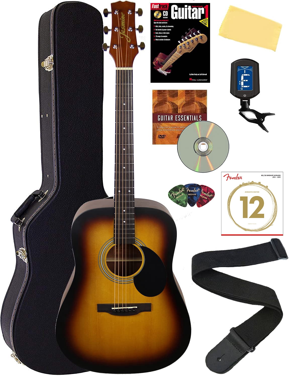 Jasmine S35 Dreadnought Acoustic Guitar Bundle with Hard Case, Strings, Tuner, Strap, Picks, Instructional Book, DVD, and Austin Bazaar Polishing Cloth, Matte Sunburst