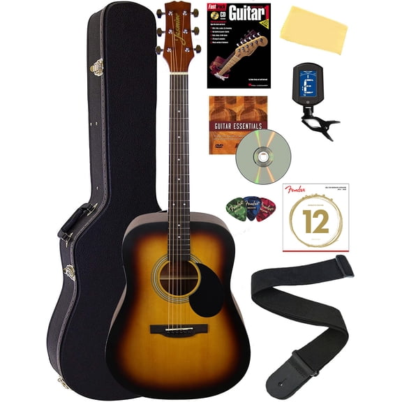 Jasmine S35 Dreadnought Acoustic Guitar Bundle with Hard Case, Strings, Tuner, Strap, Picks, Instructional Book, DVD, and Austin Bazaar Polishing Cloth, Matte Sunburst