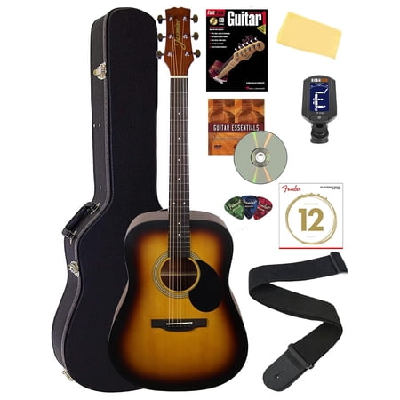 Jasmine S35 Dreadnought Acoustic Guitar Bundle with Hard Case, Strings, Tuner, Strap, Picks, Instructional Book, DVD, and Austin Bazaar Polishing Cloth, Matte Sunburst
